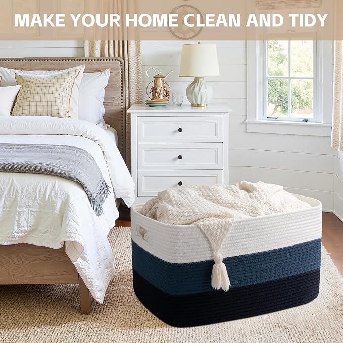 OIAHOMY Blanket Basket Laundry Basket Dog Toy Basket 75L Gradient Blue | Large Storage Basket,Baby Basket,Toy Storage,Woven Rope Basket for Blankets,Blanket Storage for Living Room - Image 8