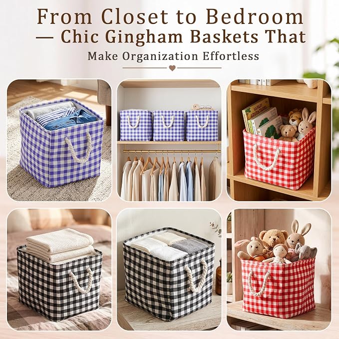 6 Pack Gingham Storage Bins, 11 Inch Cube Fabric Storage Baskets | Foldable Fabric Cube Baskets with Reinforced Handle,Checkered Classroom Storage Bins, for Shelves, Closets, Room Organization - Image 5