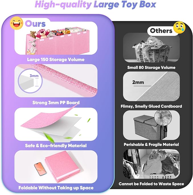 Extra Large Toy Box with Lids, Collapsible Storage Chest, 40"x16"x16" Pink | Sturdy Toy Storage Organizer with Dividers, Toybox for Kids Boys Girls, Bedroom Nursery Playroom Organization - Image 5