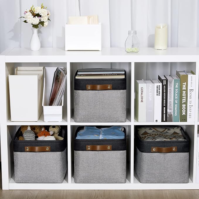 DULLEMELO Canvas Storage Bin with Handles, Fabric Bins for Shelves, Bedroom, Office,Nursery,Fabric Storage Baskets for Toys, Clothes,Gift(Black&Grey,L-15"x11"x9.5",4-Pack) - Image 6