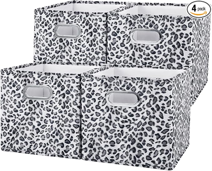 ANMINY Leopard Cheetah Print Storage Cubes Bins, Velvet, Gray, 13Inch 4PCS | Collapsible & Washable, PP Board Frame, Built-in Metal Handles, Animal Themed Fabric Cubes Baskets for Closet Shelves Decor by ANMINY