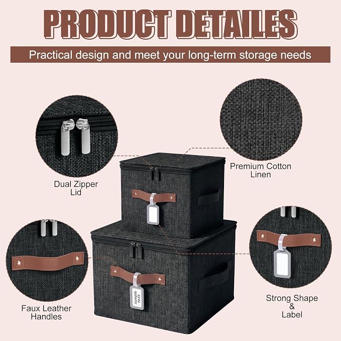 6 Pack Fabric Closet Storage Bins with Zipper Lids and Label, 15x10x10In Large Size Foldable Cotton Linen Storage Cubes Boxes with PU Leather Handles Holder for Bedroom, Shelf, Nursery, Black - Image 3