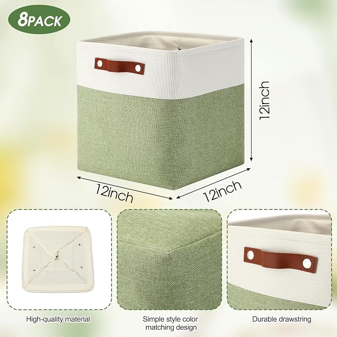 Uiifan 8 Pack 12 x 12 x 12 Inch Large Storage Baskets Collapsible Fabric Storage Cubes Bins with Handles for Shelves Closets Nursery Home Clothes Toys Organizers, Green - Image 3