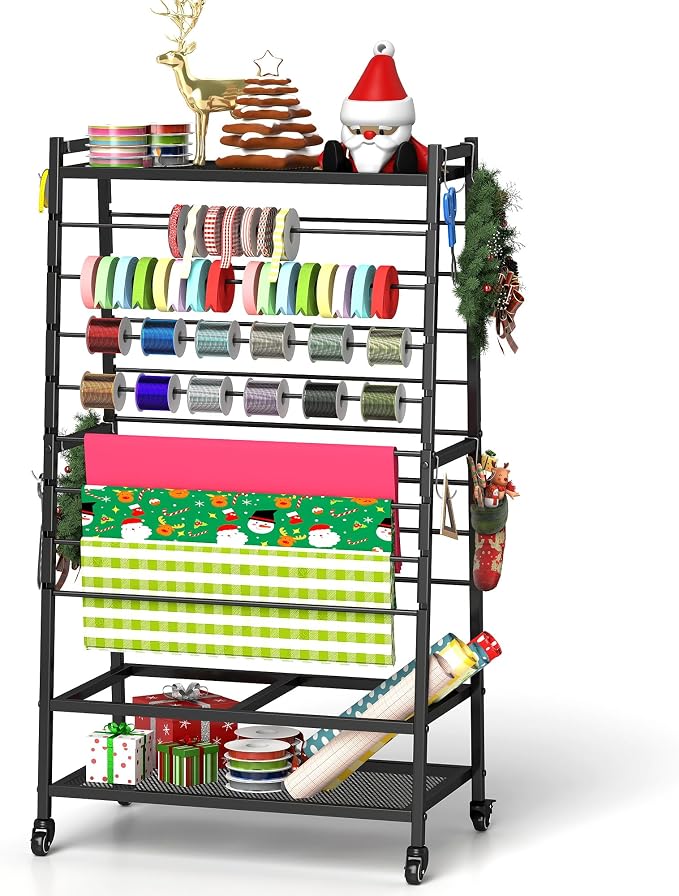 Ribbon Organizer for Craft Room, Rolling Ribbon Holder Black | Double-Sided Ribbon Holder Organizer Rack, Metal Craft Christmas Gift Wrapping Paper Holder, Large Ribbon Storage Rack - Image 2