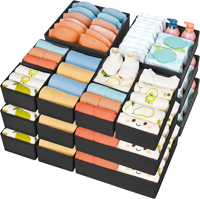 DIMJ Drawer Organizer 15 Pack - Foldable Baby Organizers and Storage & Dresser Organizer for Nursery, Bedroom, Closet - Nursery Organization Dresser Dividers for underwear, Sock,Bra, Belt, Tie，Black by DiMJ