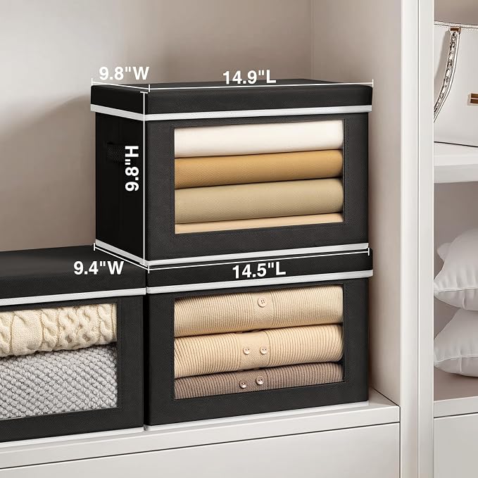 Storage Boxes with Lids, Collapsible Storage Bins with Handles, Closet Storage Baskets with Window, Fabric Storage Containers for Organizing Clothes, Towels, Books, 3 Packs, Black - Image 2