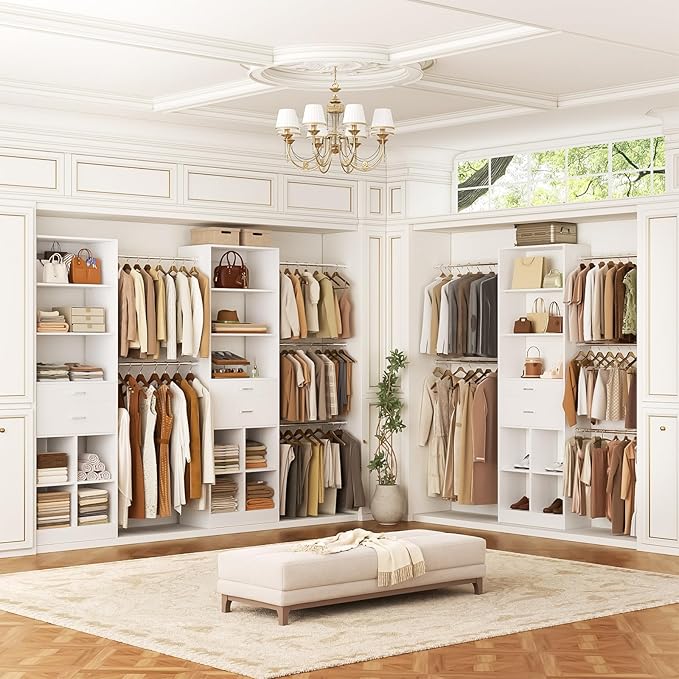 Besiost Closet System, 4-8 FT Closet Organizer Tower with 2 Wooden Drawers and Shelves, Can Fit 60 to 96 inch Walk-in Closet System with 5 Hanging Rods, Built-in, White - Image 2