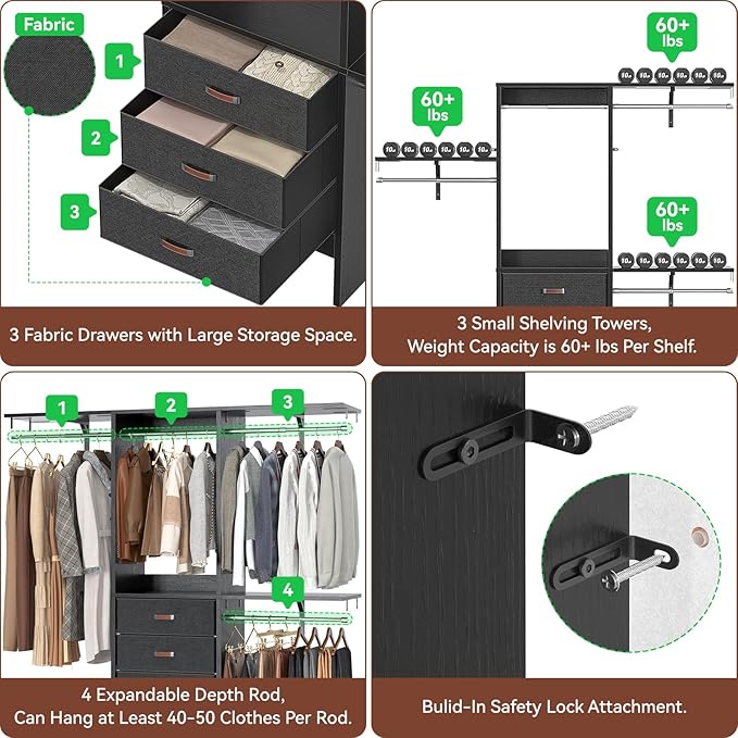 5FT Small Closet System with 3 Fabric Drawers, 60 Inches Walk In Closet Organizer System With 3 Adjustable Shelves, Heavy Duty Clothes Rack Built-In Garment Rack, 59" L x 16" W x 71" H, Black - Image 5