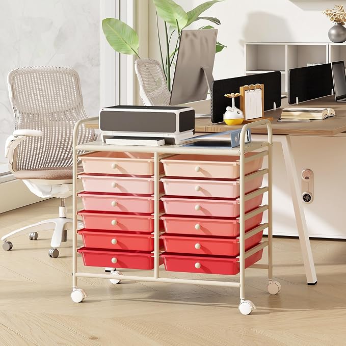 RELAX4LIFE 12-Drawer Rolling Storage Cart - Mobile Utility Cart on Wheels for School Classroom Teacher Office Salon, Paper File Art Supply Craft Organizer, Rolling Cart with Drawers (Gradient Pink) - Image 8