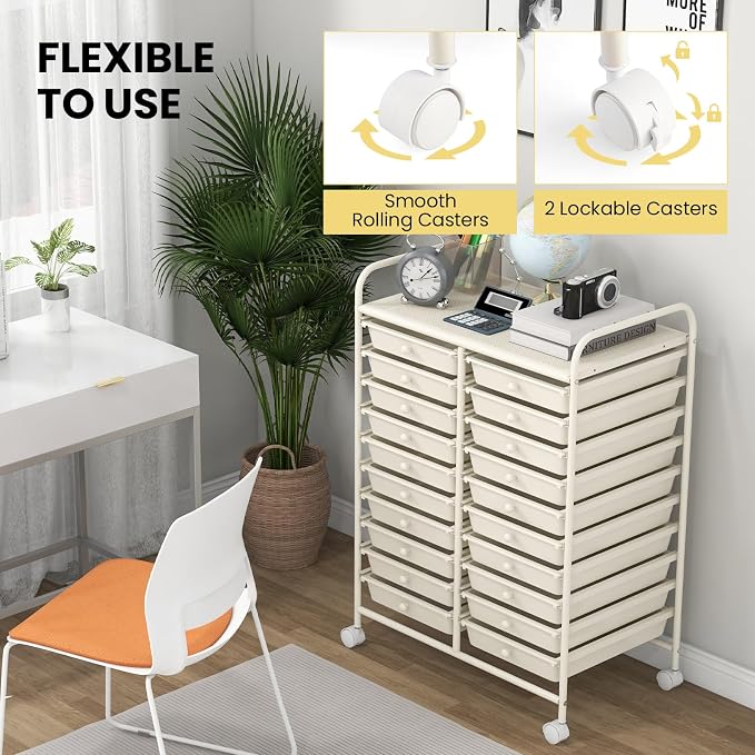 Giantex 20 Drawers Rolling Cart, Mobile Storage Drawer Cart, Classroom Organizer for Office School Supplies Tools Scrapbook Paper Craft Small Printer, Utility Stand on Wheels, Ivory White - Image 6