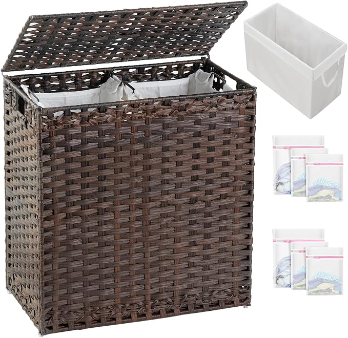SETVSON Laundry Hamper with Lid Wicker Laundry Basket 112L PE, Brown | Large Family Clothes Sorter Trunk with Lid, 3 Compartment Washable Liners, 6 Mesh Bags, Collapsible Steel Frame by SETVSON