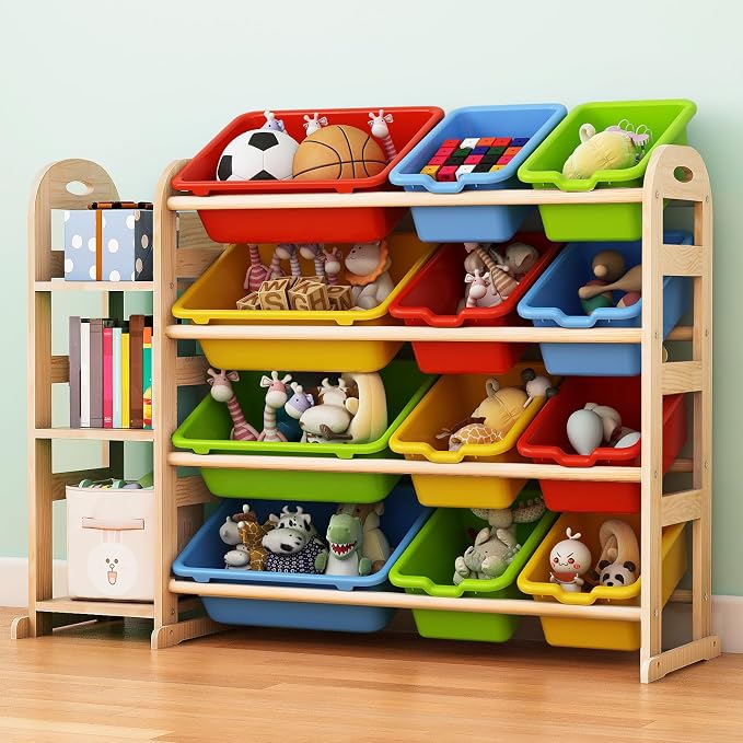 Toy Storage Organizer with Bookshelf, Wooden Toy Organizers with 3 Shelves 12 Storage Bins, Kids Bin Shelf Toys Box Bookcase for Playroom Bedroom Organization, Multi Color by Orekemo