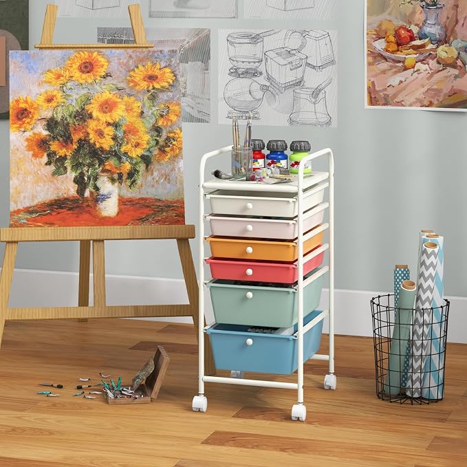 Giantex 6 Storage Drawer Cart Rolling Organizer Cart for Tools Scrapbook Paper Home Office School Multipurpose Mobile Utility Cart (Macaron) - Image 8