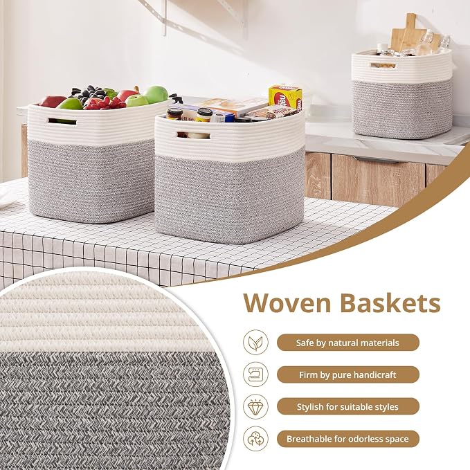 OIAHOMY 13 Inch Cube Storage Bins, 3-Pack Cotton Rope Woven Baskets for Organizing, Insert Storage Baskets for Shelves, Baby Nursery, Closet Organizer, 13 * 13 * 12.6IN, Grey & White - Image 5