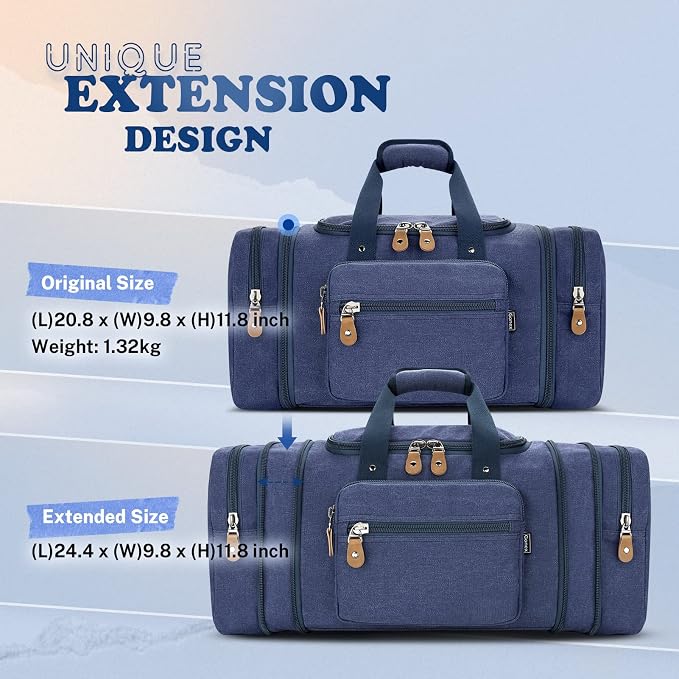 Gonex Canvas Duffle Bag, Expandable 50L Travel Overnight Weekender Bag | Multiple Pockets, Carry-On Size, Durable Zippers, Detachable Strap, for Men & Women, Blue - Image 9