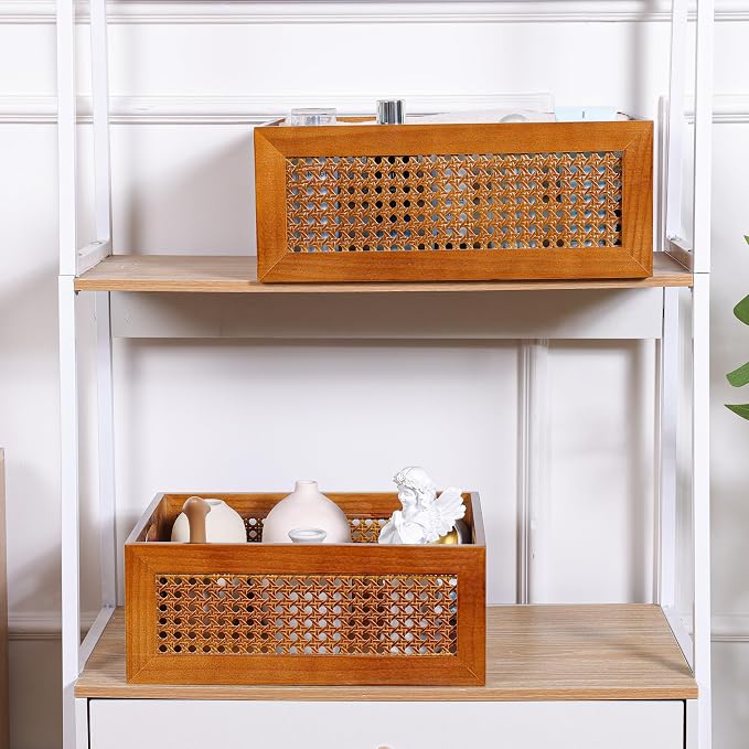 Rattan Wooden Box Set of 2 Handmade Decorative Storage Basket with Handles | Natural Bamboo Woven Storage Basket Rustic Farmhouse Decor Home Office Tabletop Shelf Drawer Closet Desk Organizer, Brown - Image 5