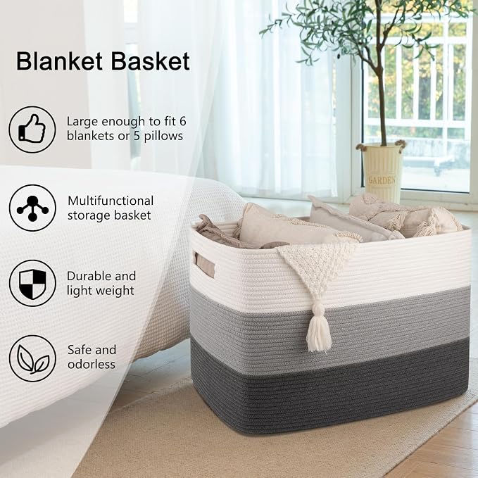 OIAHOMY 108L Extra Large Blanket Basket Dog Toy Basket radient Dark Grey | Rectangle Woven Baskets for Storage Cotton Rope Basket For Living Room Toy Storage Blanket Storage Laundry Basket - Image 5