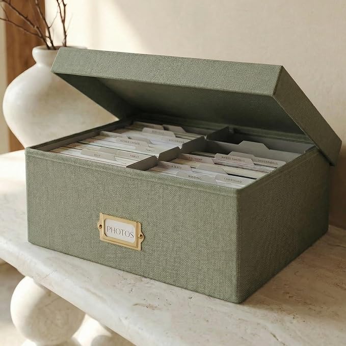 Decorative Photo Storage Box - Sturdy Linen Organizer Holds 1700 Photos | Organizer with Dividers Stores Up to 1700 4x6 Pictures - Portable Scrapbook Storage Containers with Lid by ZICOTO