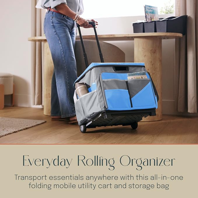 Folding Mobile Utility Cart, Canvas Organizer Bag, Blue/Grey | Durable plastic, 30 compartments, adjustable handle, 40 lb capacity, collapses to 3" thick, rolling wheels for easy transport - Image 3