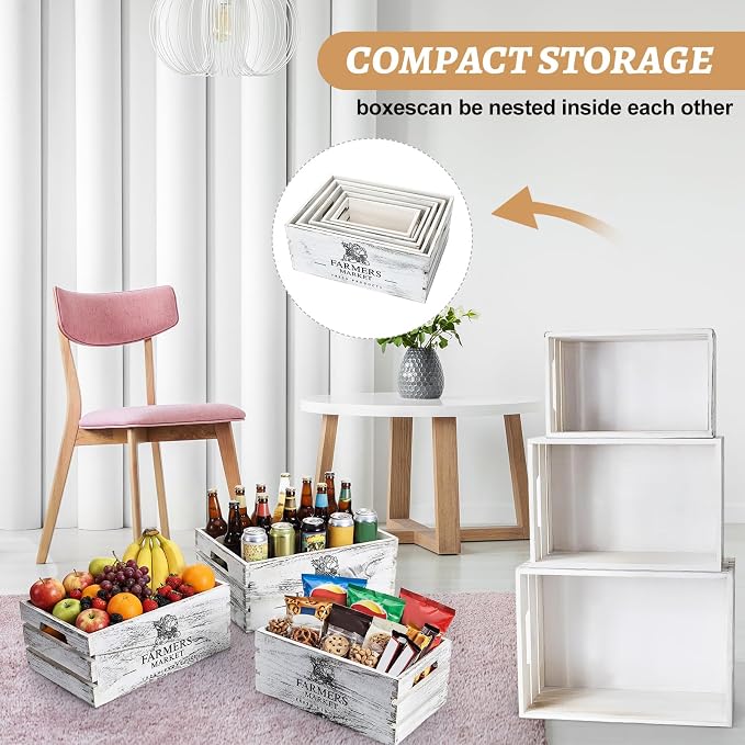 Barydat Set of 5 Wood Crates for Display Decorative Nesting Wooden Crate Storage with Handles Vintage Farmhouse Style Decorative Boxes Multipurpose Fruits Vegetables Boxes (Rustic White,Elegant) - Image 7