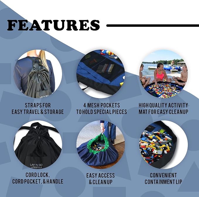 Lay-n-Go Layflat Portable Drawstring Cinch Storage Toy & Mini Figures Organizer & Play Mat, Mesh Pockets, Home & Travel, Kids & Toddlers Playdates, 2 Straps for Backpack, Durable, Machine Washable - Image 3