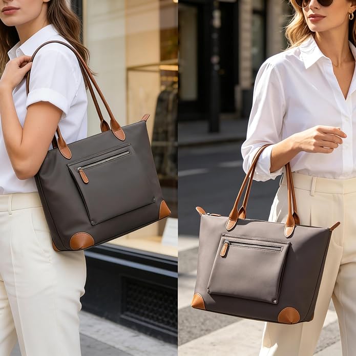 DORIS&JACKY Women Lightweight Tote Bag Designer Leather Work Shoulder Purse | Large Foldable Waterproof Nylon Hobo, Soft Fashion Casual Travel Gym Shopping Handbags with Long Leather Strap - Image 2