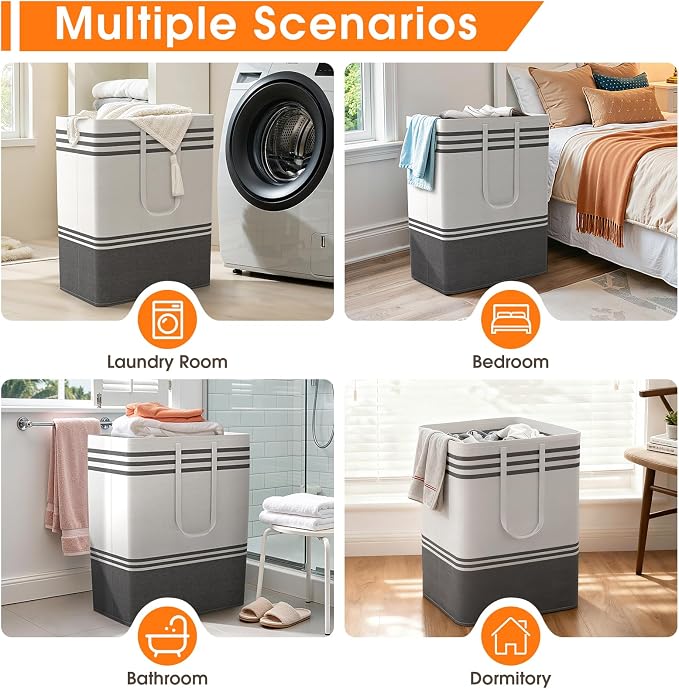 2 Pack Large Home Laundry Basket, Laundry Hamper, Freestanding Waterproof Dirty Clothes Bag, Tall Clothes Hamper - Extended & Reinforced Handles for College Dorm, Family (Light Grey/125L) - Image 7