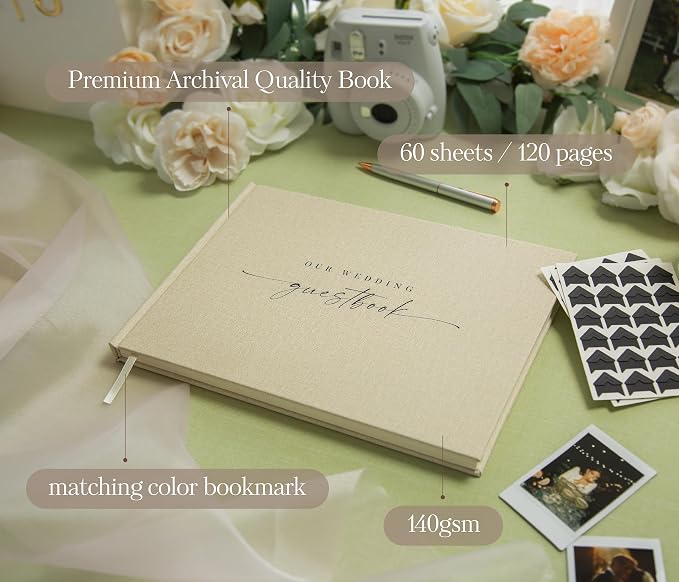 Wedding Photo Guest Book (Cream) - Linen Hardcover | Photo Corner Stickers | A4 Hardcover 11.5" x 8.5" Guestbook | 120 Pages w/ Photo Slots & Lines | Bridal Shower Engagement Party Wedding Reception - Image 3