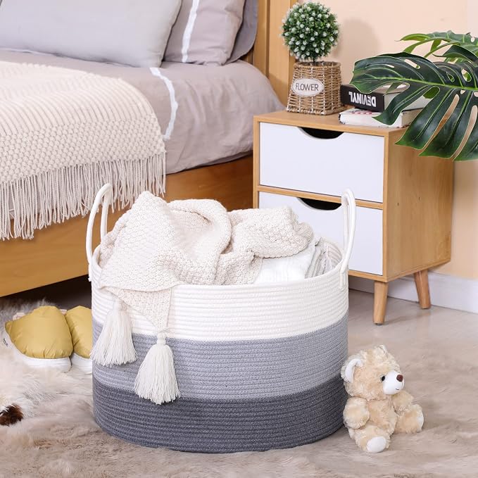 KAKAMAY Large Blanket Basket (20"x13"),Woven Baskets for storage Baby Laundry Hamper,Cotton Rope Blanket Basket for Living Room, Laundry, Nursery, Pillows, Baby Toy chest with Handles (White/Grey) | Extra Large Capacity | Natural Cotton Rope | Blanket ... - Image 5