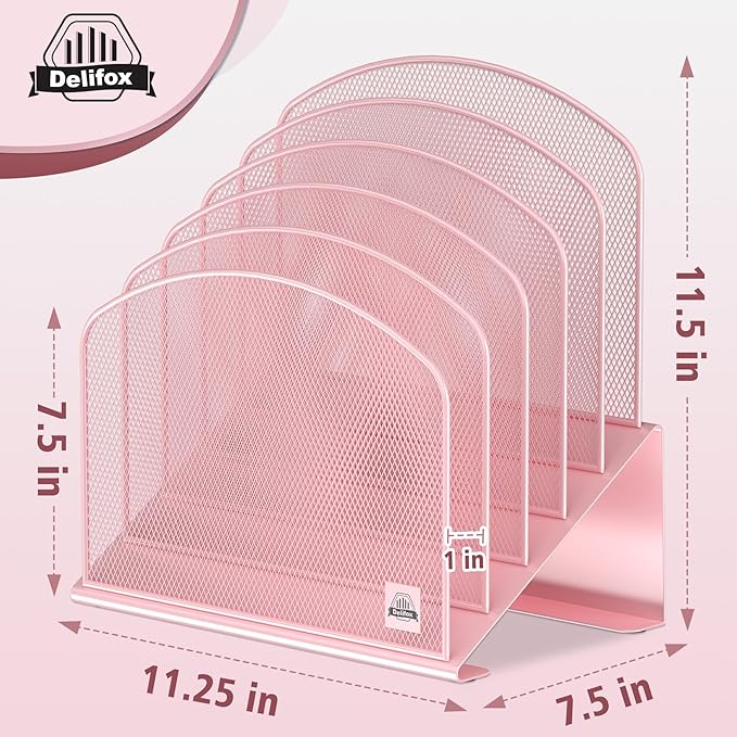 Delifox Inclined Desk File Organizer,Vertical File Folder Holder Stand Metal Rack File Sorter for Office Classroom Desktop Organization (1, Pink, 5) - Image 2