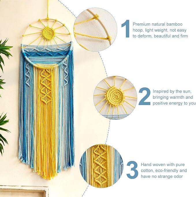 Artilady Macrame Wall Hanging Tapestry Boho, Blue Dream Catcher Sun Decor | Large Tapestry, Handmade Woven, Farmhouse Rustic, Colorful Sunshine Wall Art, Bedroom Living Room Kitchen Home Decor - Image 3