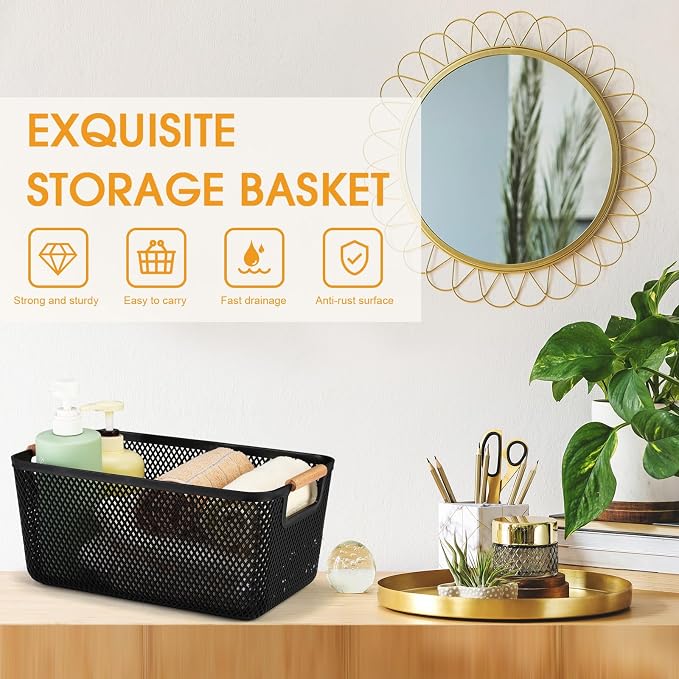 Tioncy 4 Pcs Plastic Mesh Baskets with Wood Handle Woven Mesh Storage Organizer Bins Multi-function Rectangle Baskets for Home Pantries Shelves Closet Kitchens Bedrooms(13.98 x 9.02 x 6.38 Inches) - Image 4
