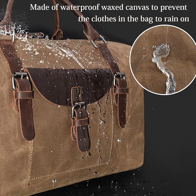 NEWHEY 55L Travel Duffel Bag, Waterproof Waxed Canvas & Leather Weekender Bag for Men, Large Carry-on Overnight Bag for 4-5 Day Business Trips & Weekend Getaways, Brown - Image 4