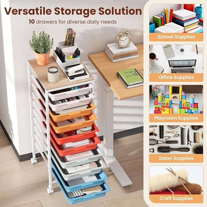 Giantex Rolling Storage Cart with 10 Drawers, Utility Cart w/Wooden Tabletop, Lockable Wheels, Multipurpose Organizer for Art Craft Books Paper, Drawer Carts for Dorm Classroom Office, Macaron - Image 6