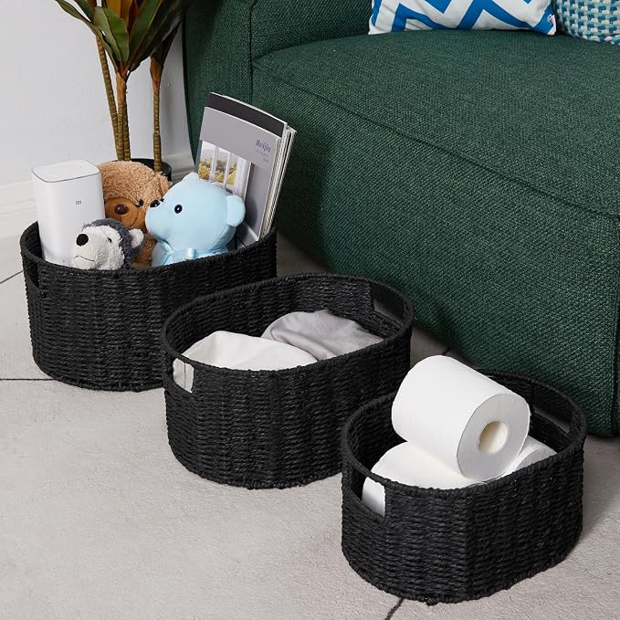 Wicker Basket, Set of 3 Round Storage Baskets for Organizing, Woven Paper Rope Wicker Storage Basket with Handles, Black Cube Storage Organizer Bins Baskets for Shelves & Decor, Black - Image 4