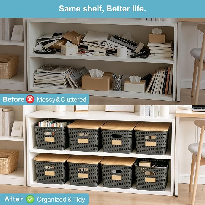 2 Pack Tall Plastic Storage Bins with Bamboo Lids, 10.8qt Stackable Storages Baskets for Organizing Desktop Closet Playroom Classroom Office, 12"L x 8.3"W x 6.1"H, Gray - Image 7