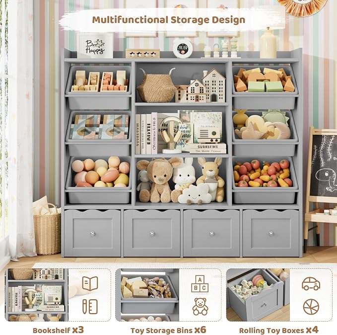 HITHOS 55" W Kids Toy Storage Organizer with 10 Toy Box & Book Shelf, Gray | Large Toy Organizers and Storage with Kids Bookshelf & 6 Plastic Toy Chests & 4 Movable Drawers for Kids Room, Playroom - Image 4