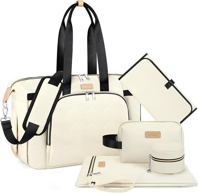 Diaper Bag Tote for Baby 7PCS, Large Mommy Bag with Portable Changing Pad | Multifunctional Hospital Bags for Labor and Delivery with Pacifier Case and Organizer Pouches,Travel Baby Bag for Boy Girl by ITIEZY