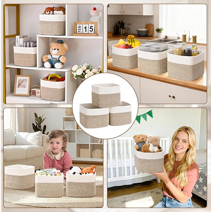 3 Pack Cube Storage Bin, 9”x9”x7” Cotton Rope Woven Baskets for Organizing Toys Clothes Towels, Square Gift Storage Baskets for Shelves, Nursery, Closet, Bathroom, Pantry (White & Jute) - Image 9