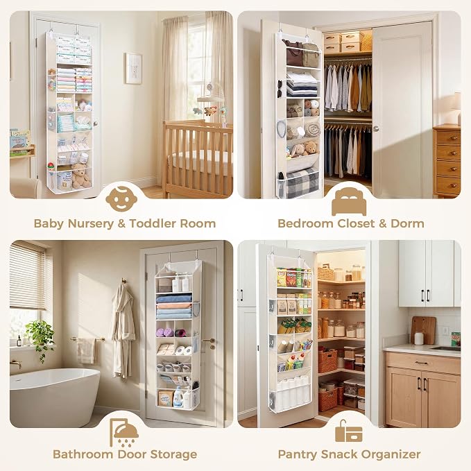 6-in-1 Over Door Hanging Organizer with 12 Mesh Pockets, 44 lbs Capacity, Warm Beige – Versatile Behind Door Storage for Baby Nursery, Newborn Essentials, Bedroom, Bathroom & Dorm - Image 7