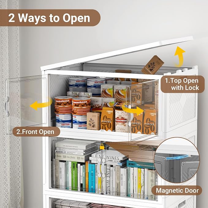 BROVIEW 480QT Large Stackable Storage Bins with Clear Doors, V20 3Pack | 120Gal Plastic Closet Organizer Cabinet with Lid and Wheels, Collapsible Latch Box Folding Drawer for Home, White - Image 3