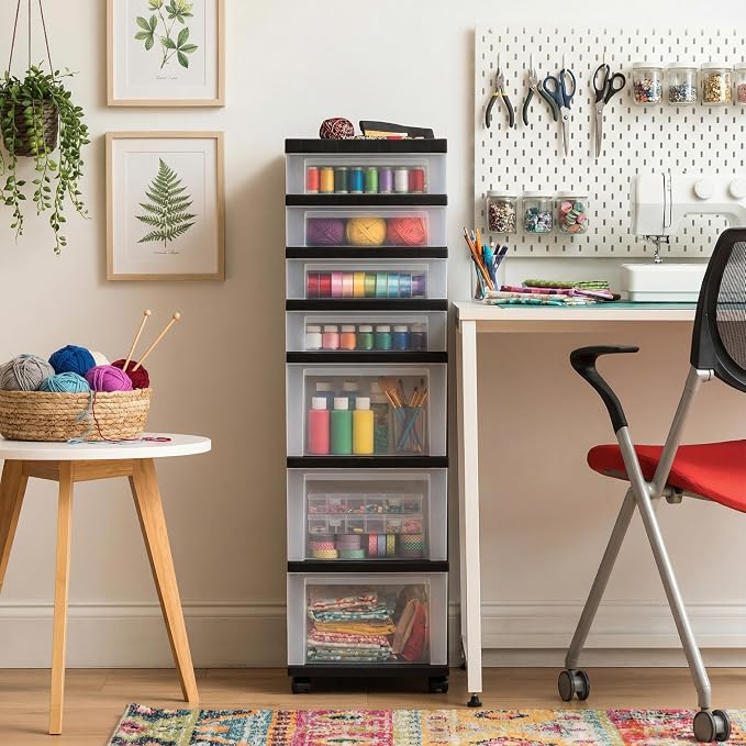 IRIS USA 7-Drawer Rolling Storage Cart, Black/Clear | Keep classroom supplies, teacher essentials, craft materials, and learning tools organized with easy-access drawers. - Image 2