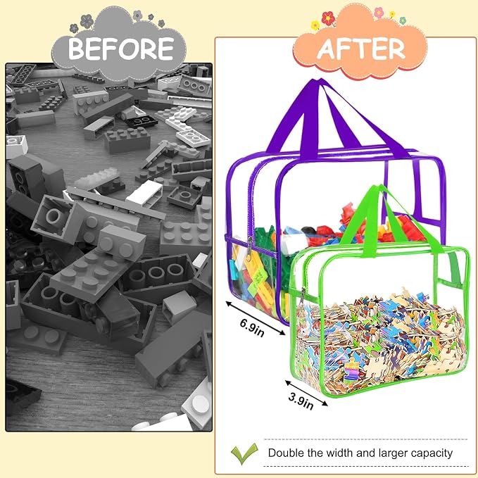 6 Colors Large Toy Storage Bags with Labels, Reusable Clear PVC Board Game Storage, Travel Waterproof Organizer Bags with Zipper for Building Blocks, Puzzle, Kids Books(3 large & 3 Extra Large) - Image 5