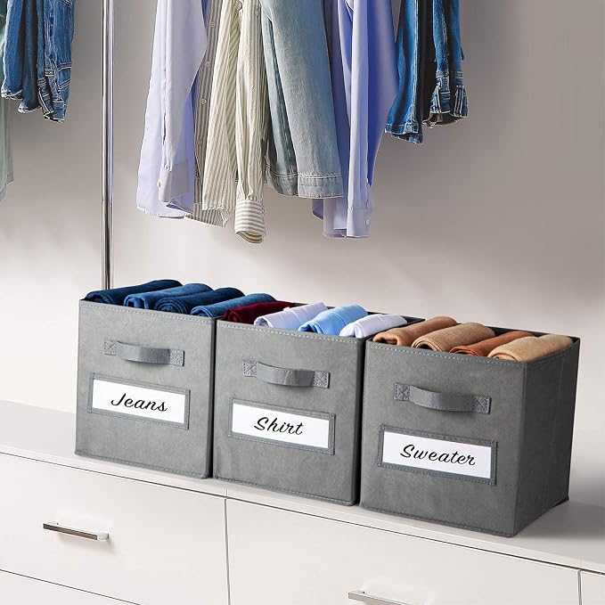 11 Inch Storage Cube,Storage bin (Set of 10) Foldable Fabric Cube Storage Bins with 10 Labels Window Cards & a Pen,Baskets Containers for Shelves,Closet Organizers Box for Home & Office,Gray - Image 6