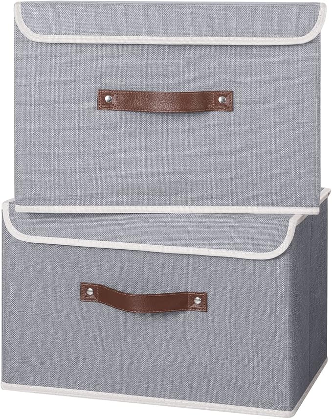 ANMINY Fabric Storage Box Bins with Lids, Gray, 15"x10"x10", 4 Pack | Keepsake Memory Storage, Cotton Linen, PP Board Reinforced, Washable, PU Handles, Foldable & Stackable, Decorative, Large - Image 5