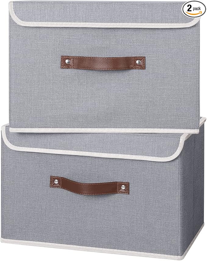 ANMINY Fabric Storage Box Bins with Lids, Gray, 15"x10"x10", 2 Pack | Keepsake Memory Storage, Cotton Linen, PP Board Reinforced, Washable, PU Handles, Foldable & Stackable, Decorative, Large by ANMINY