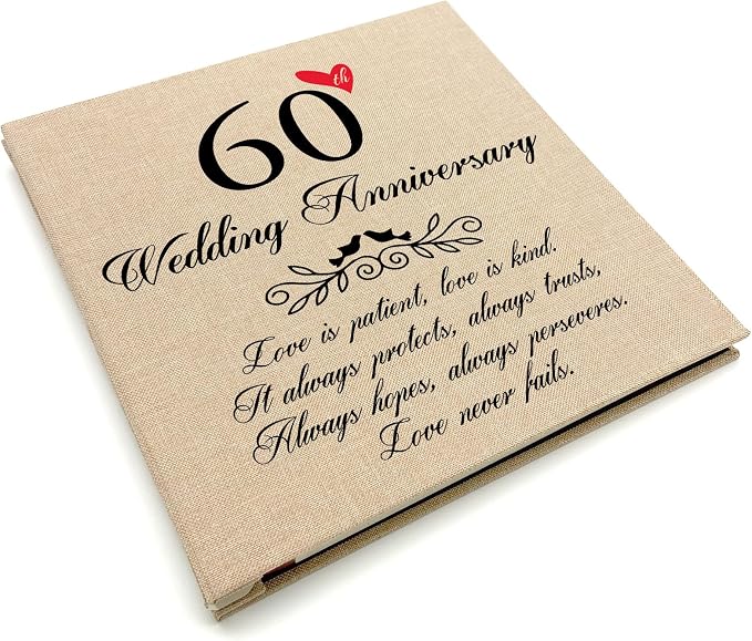 60th Wedding Anniversary Photo Album, Linen Cover with Love Quote, Golden Marriage Love Never Fails Memory Keepsake, Gifts for Parents 60 Years of Love by TrebleBee