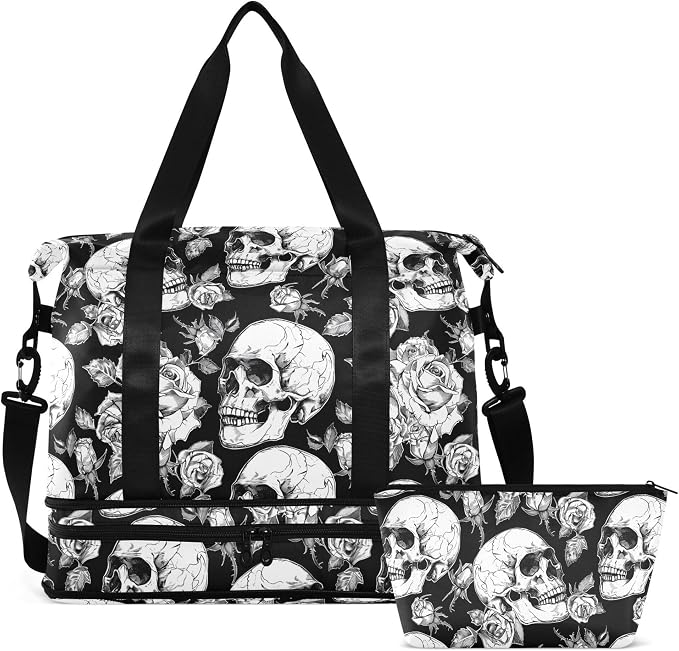 MNSRUU Gothic Skulls and Flowers Sports Duffel Bag with Wet Pocket, Weekender Overnight Bag for Women Men, Gym Bag, Carry On Bag, Hospital Bag for Labor and Delivery by MNSRUU