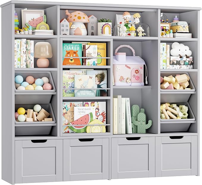Toy Storage with Sliding Bookshelf, Toy Organizer with 4 Bins | 55.1’’ W Large Toy Storage Organizer Kids Bookshelf with 4 Movable Drawers, Toy Bins Playroom Storage for Kid Room, Grey - Image 7