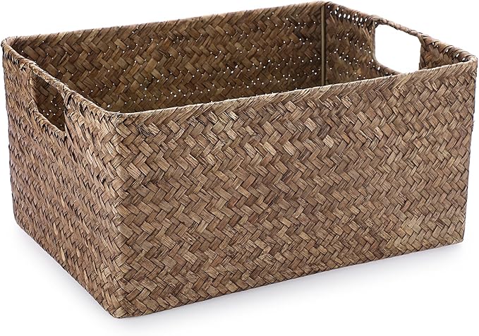 Hipiwe Wicker Storage Bin Handwoven Opened Baskets for Shelf Organizing | Rectangular Decorative Basket, Seagrass Closet Bedroom Organizer Bin Box Multipurpose Storage Basket with Handle by Hipiwe